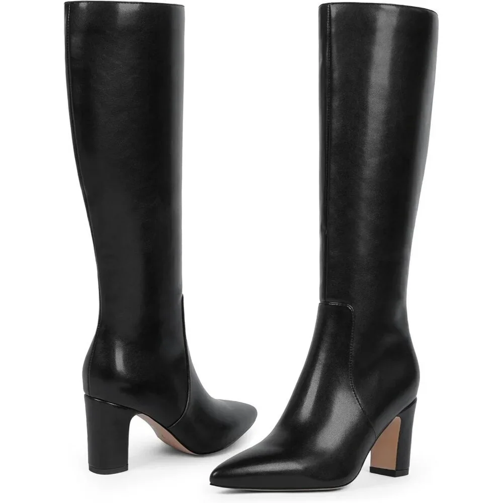 Women Black 1 Chunky Heel Pointed Toe Side Zipper Fall Dressy Comfortable Boots